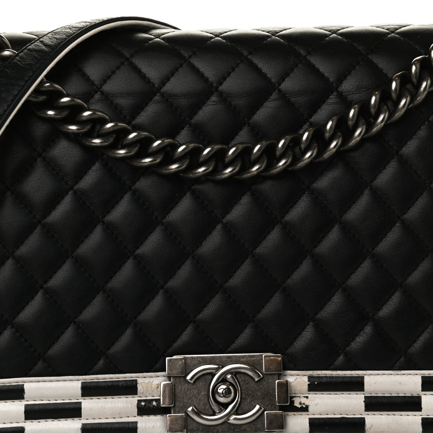 Calfskin Quilted Checkerboard Trim New Medium Boy Flap Black White