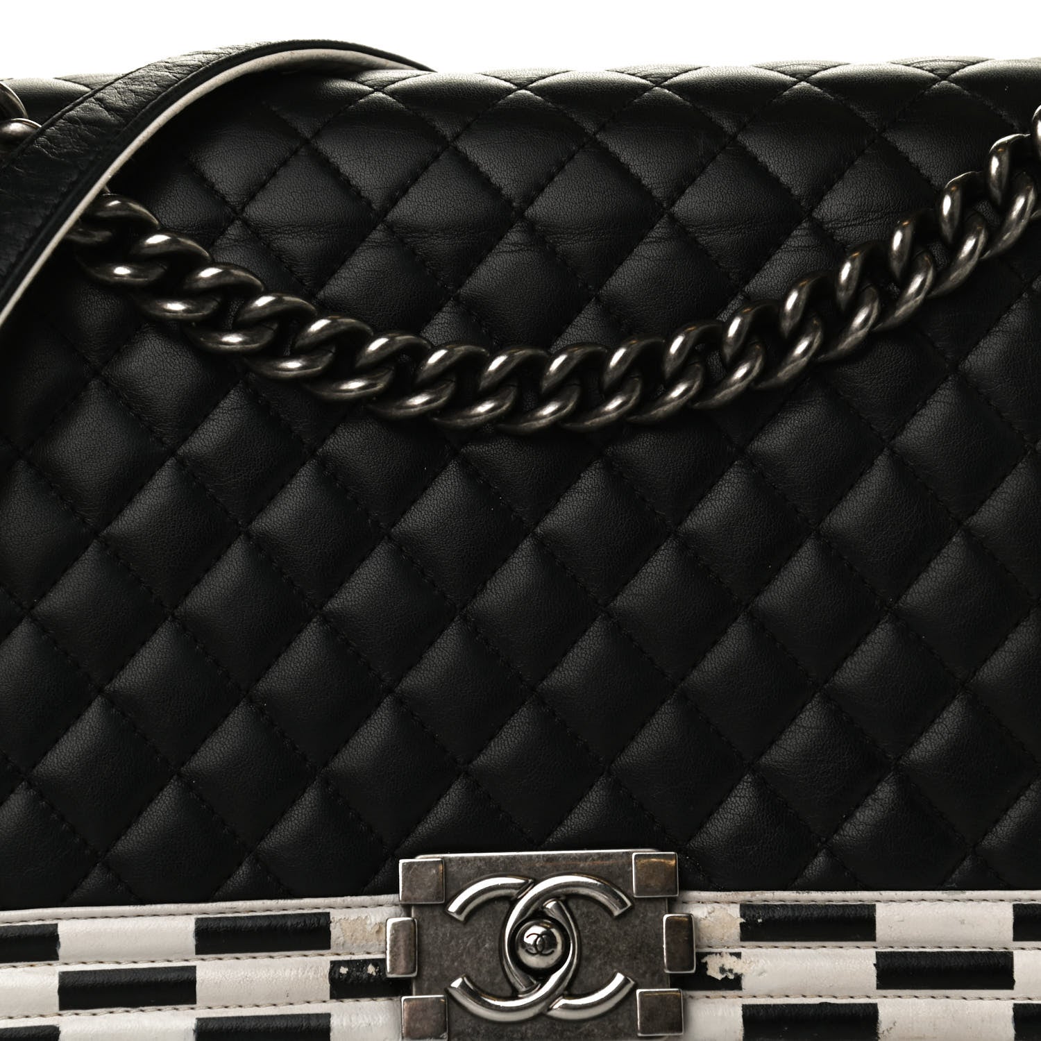Chanel Calfskin Quilted Checkerboard Trim New Medium Boy Flap Black White 8 of 14