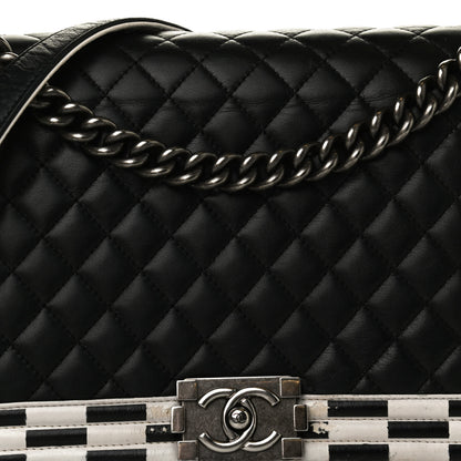 Chanel Calfskin Quilted Checkerboard Trim New Medium Boy Flap Black White 8 of 14