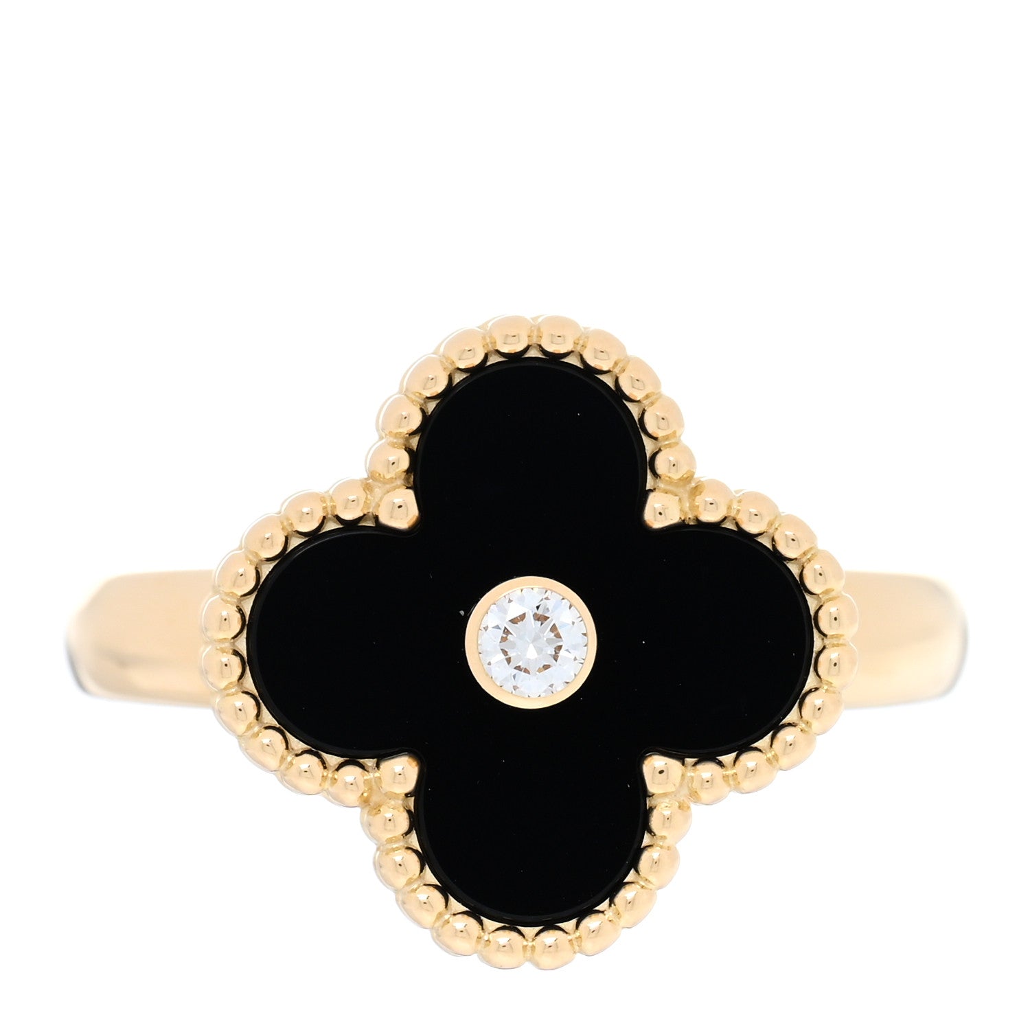 Van Cleef & Arpels 18K Yellow Gold Diamond Black Onyx Vintage Alhambra Ring 54 6.75 1 of 5