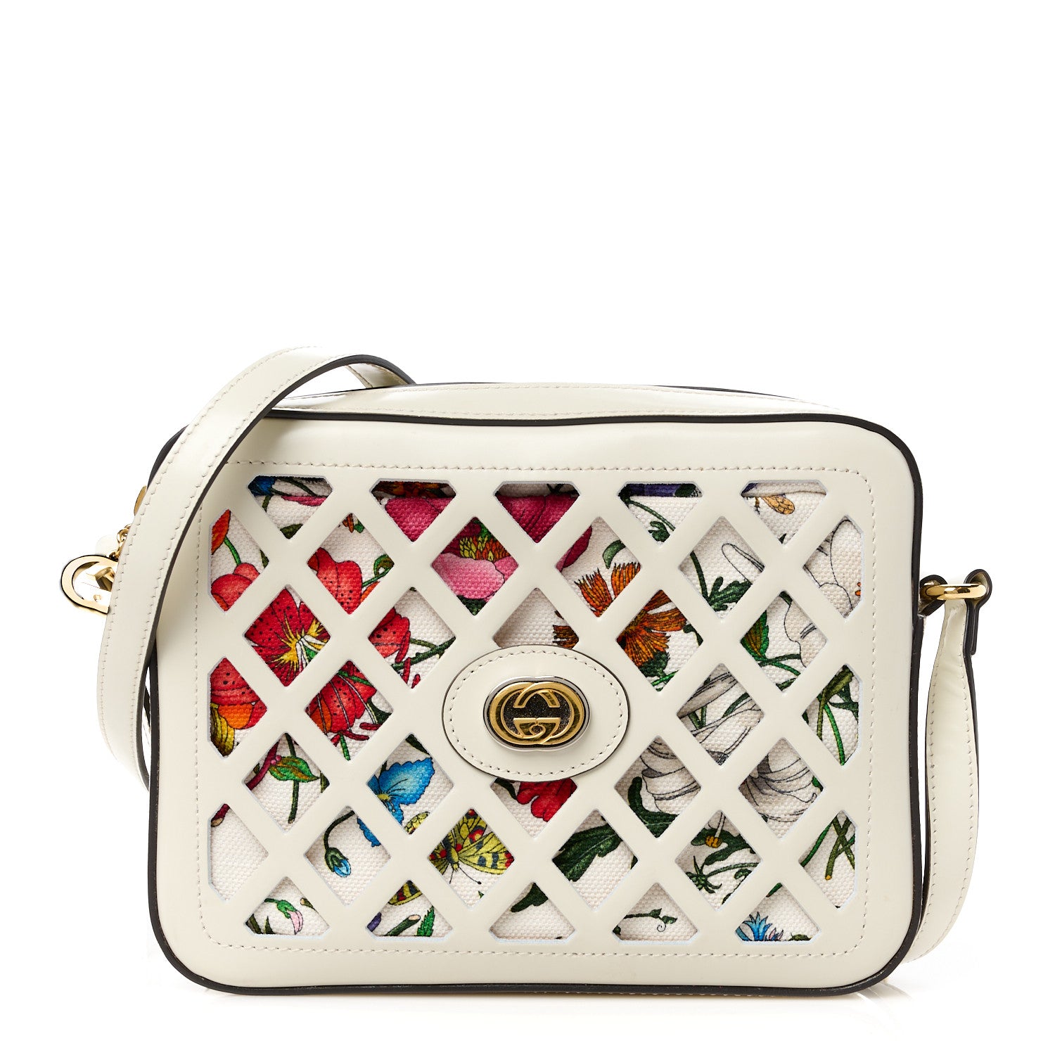 Gucci Canvas Calfskin Flora Infinity Cutout Shoulder Bag White Multicolor 1 of 11