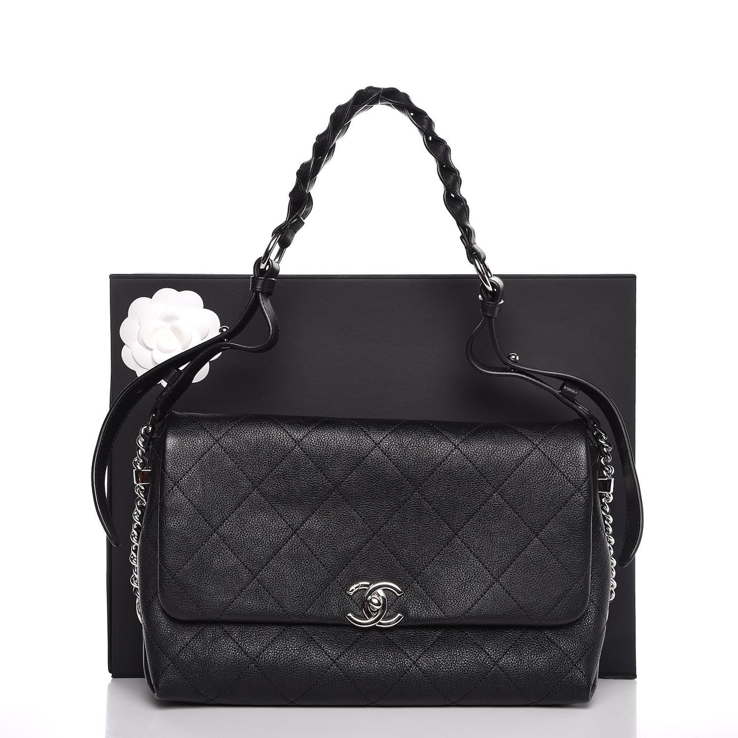 Grained Calfskin Stitched Small Braided With Style Flap Black