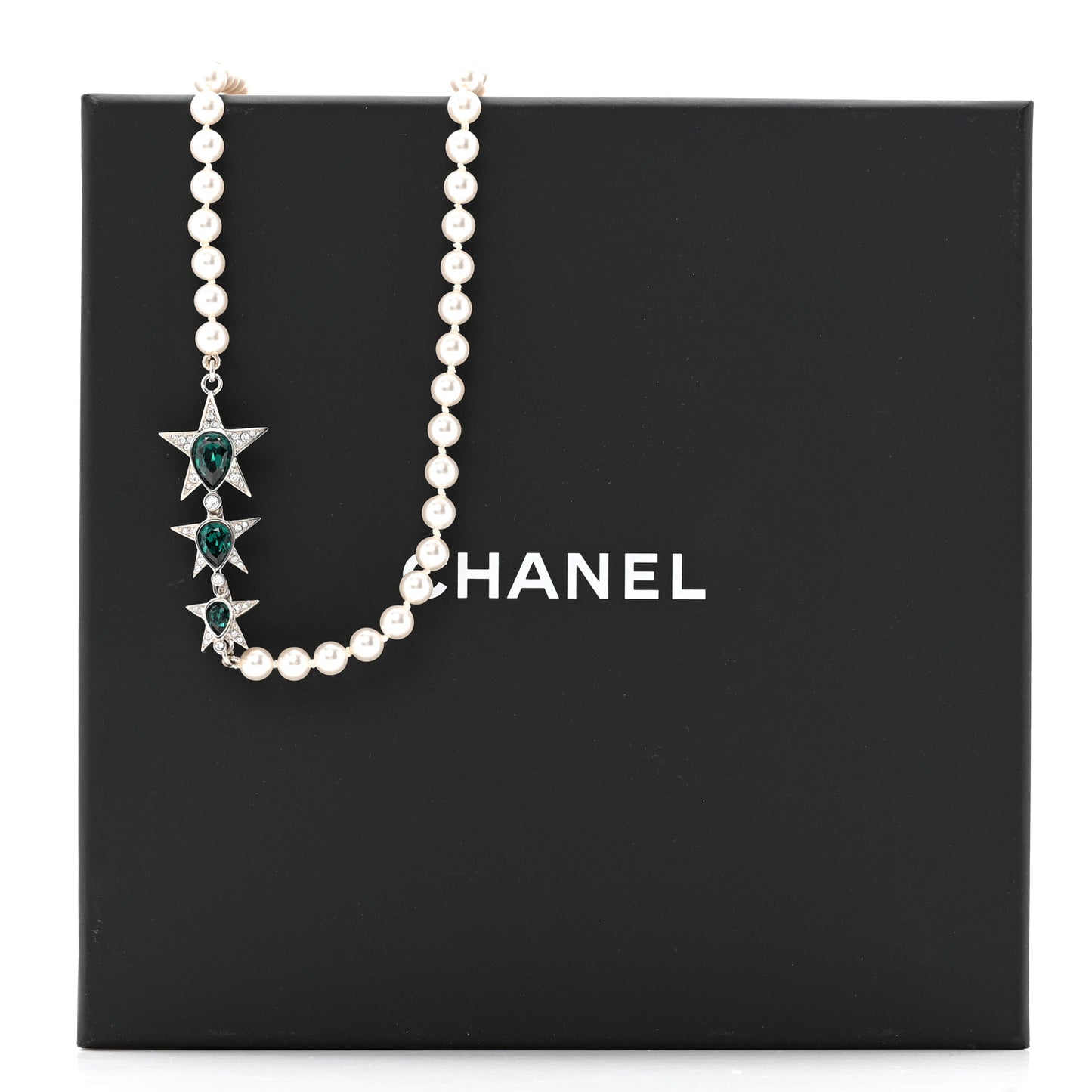 Pearl Star CC Long Necklace Green White Silver