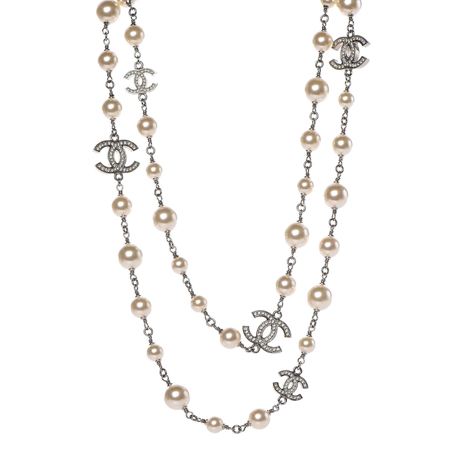 Crystal Pearl CC Long Necklace Silver