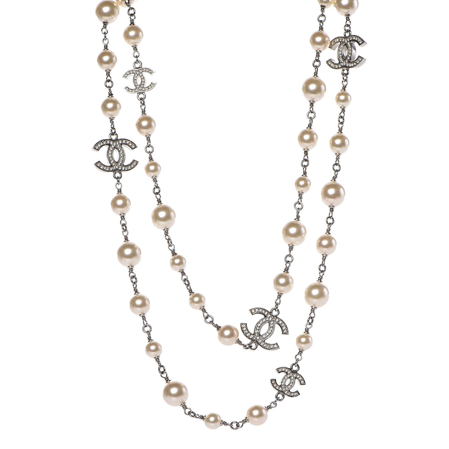 Chanel Crystal Pearl CC Long Necklace Silver 1 of 4