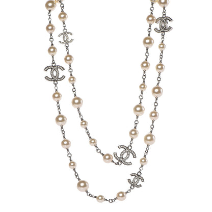 Chanel Crystal Pearl CC Long Necklace Silver 1 of 4