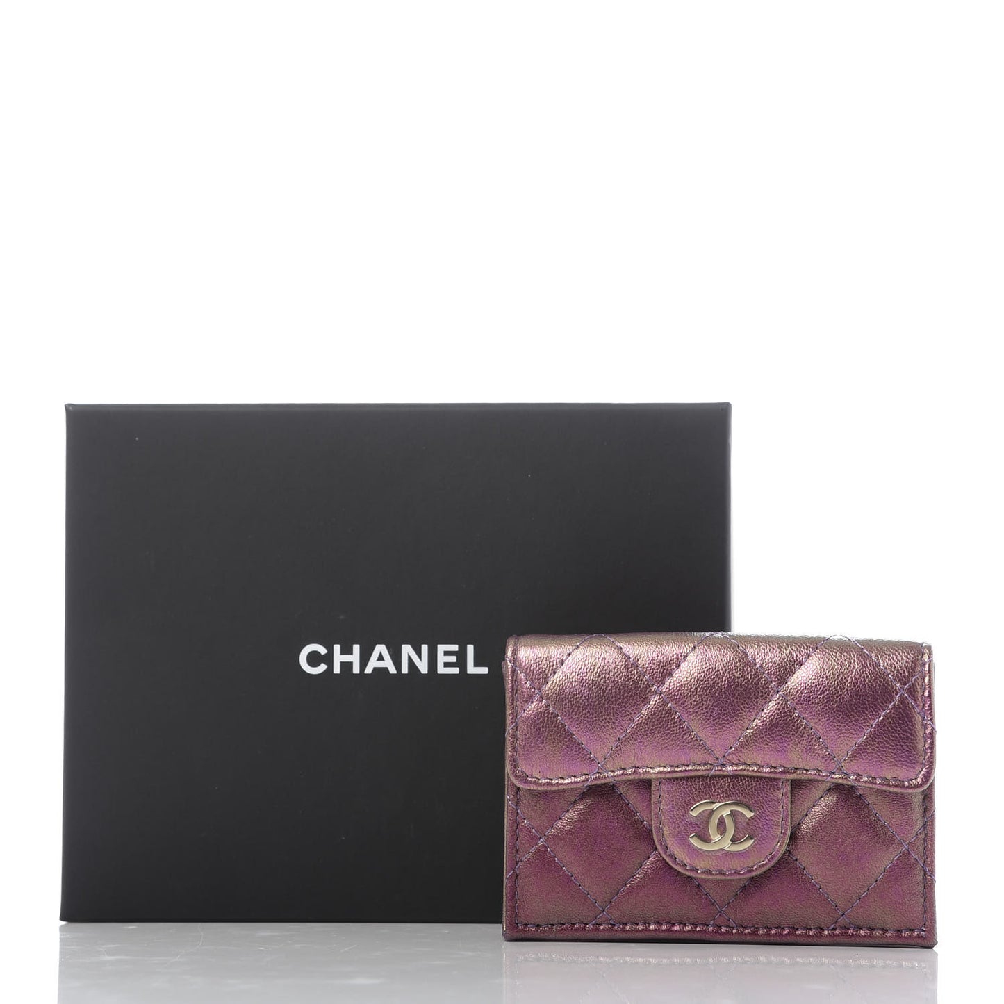 Iridescent Lambskin Small Quilted Flap Wallet Purple