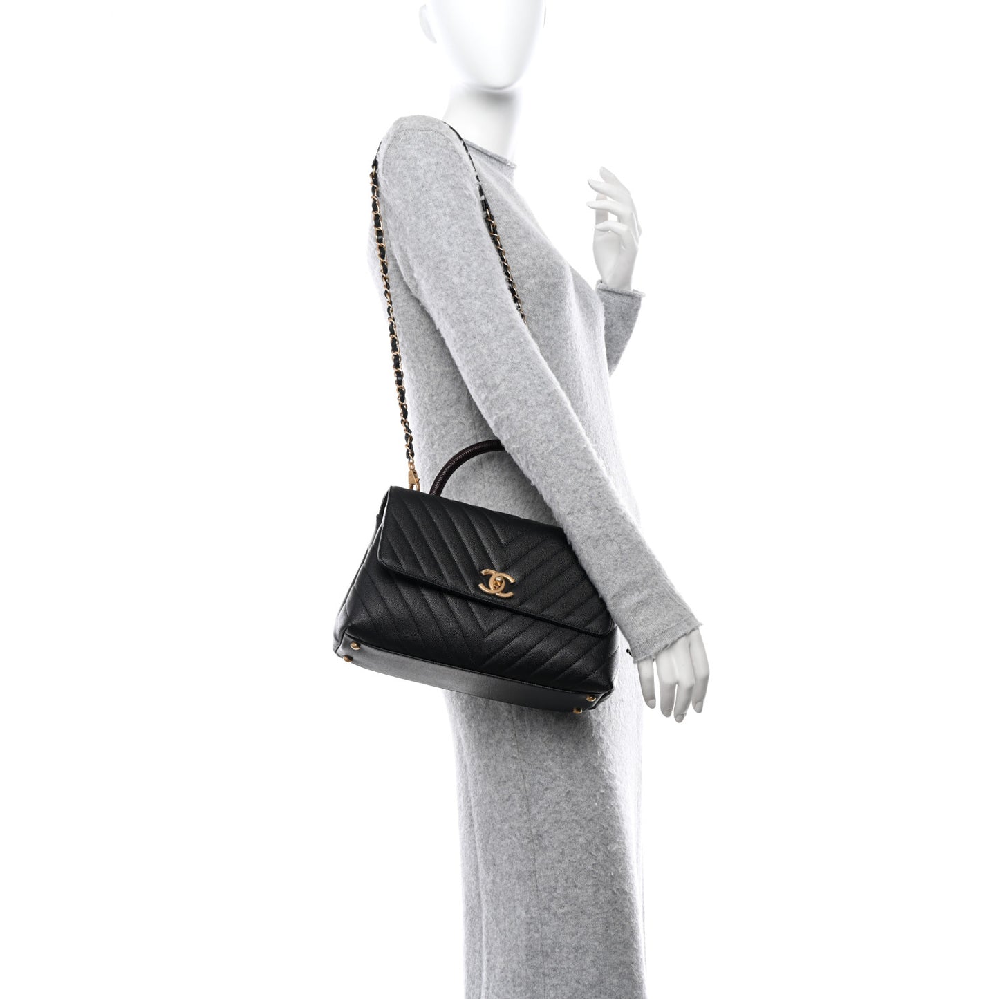 Caviar Lizard Embossed Chevron Quilted Medium Coco Handle Flap Black