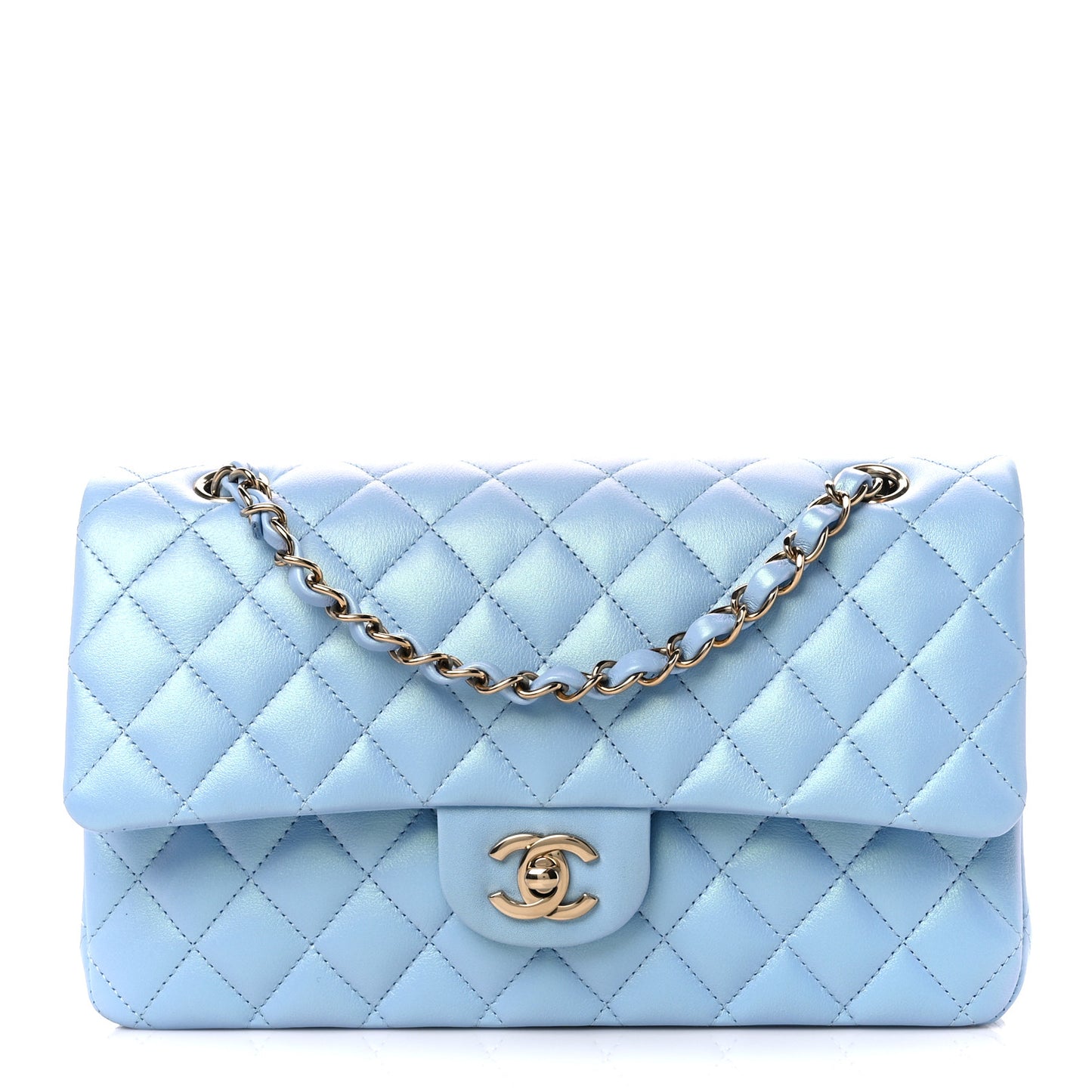 Iridescent Lambskin Quilted Medium Double Flap Light Blue