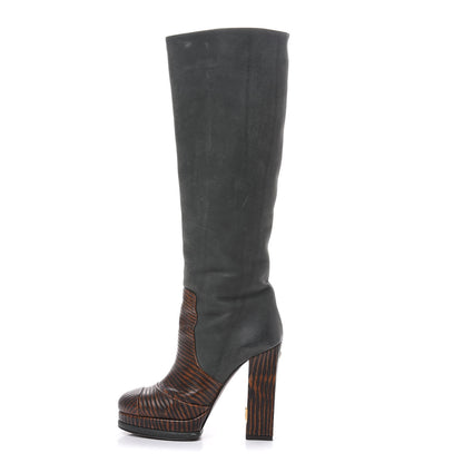 Chanel Waxed Suede Calfskin Knee High Boots 35.5 Black Dark Brown 1 of 13