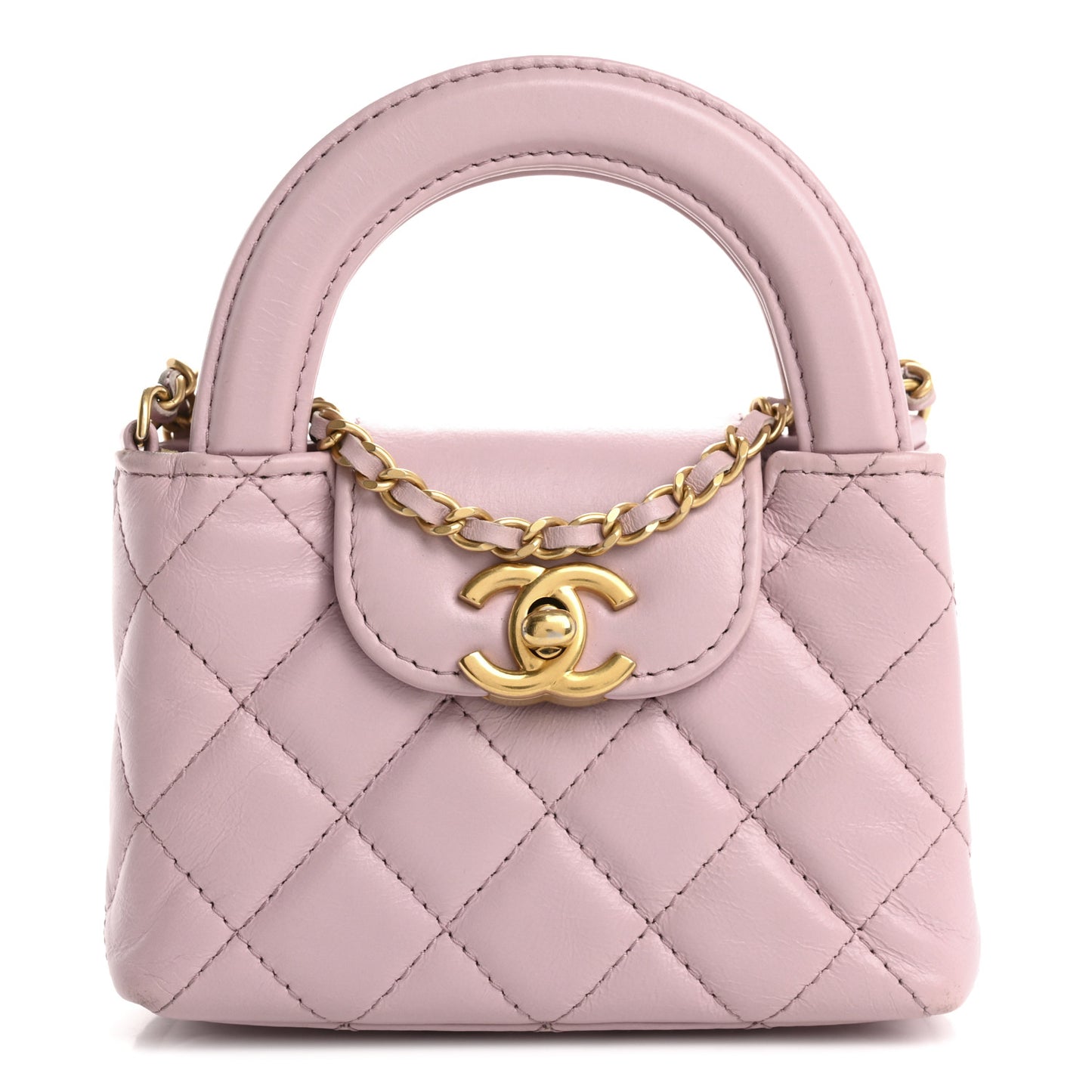 Shiny Aged Calfskin Quilted Mini Nano Kelly Shopper Light Pink