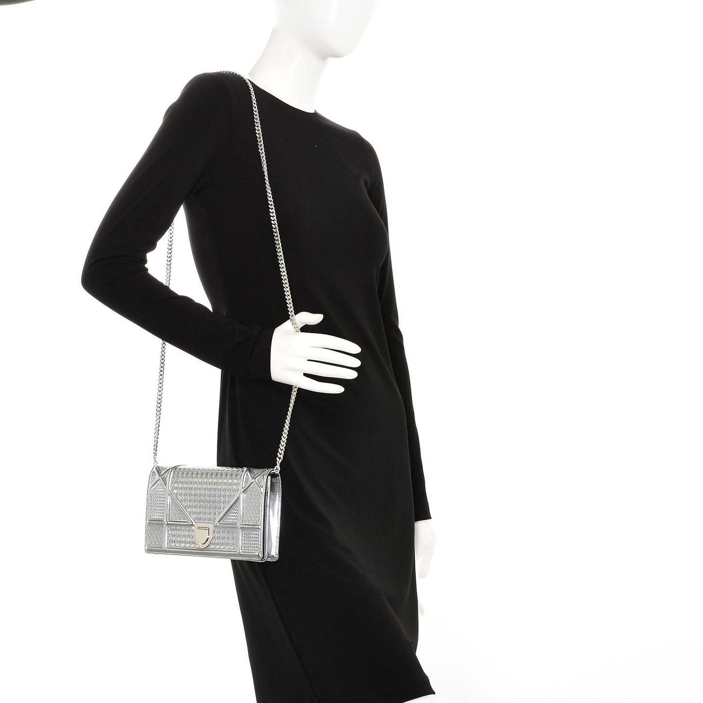 Metallic Patent Micro-Cannage Diorama Wallet on Chain Pouch Silver