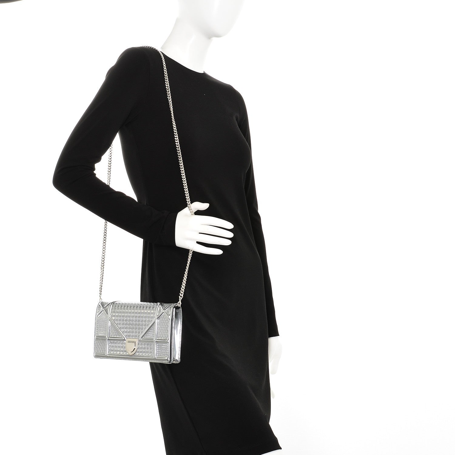 Christian Dior Metallic Patent Micro-Cannage Diorama Wallet on Chain Pouch Silver 2 of 9