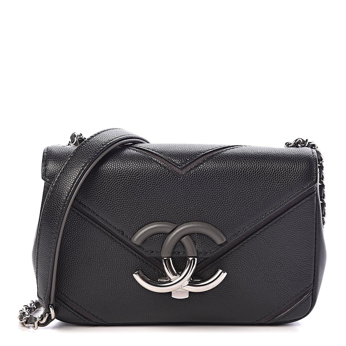 Caviar Macro Chevron Small Single Flap Black