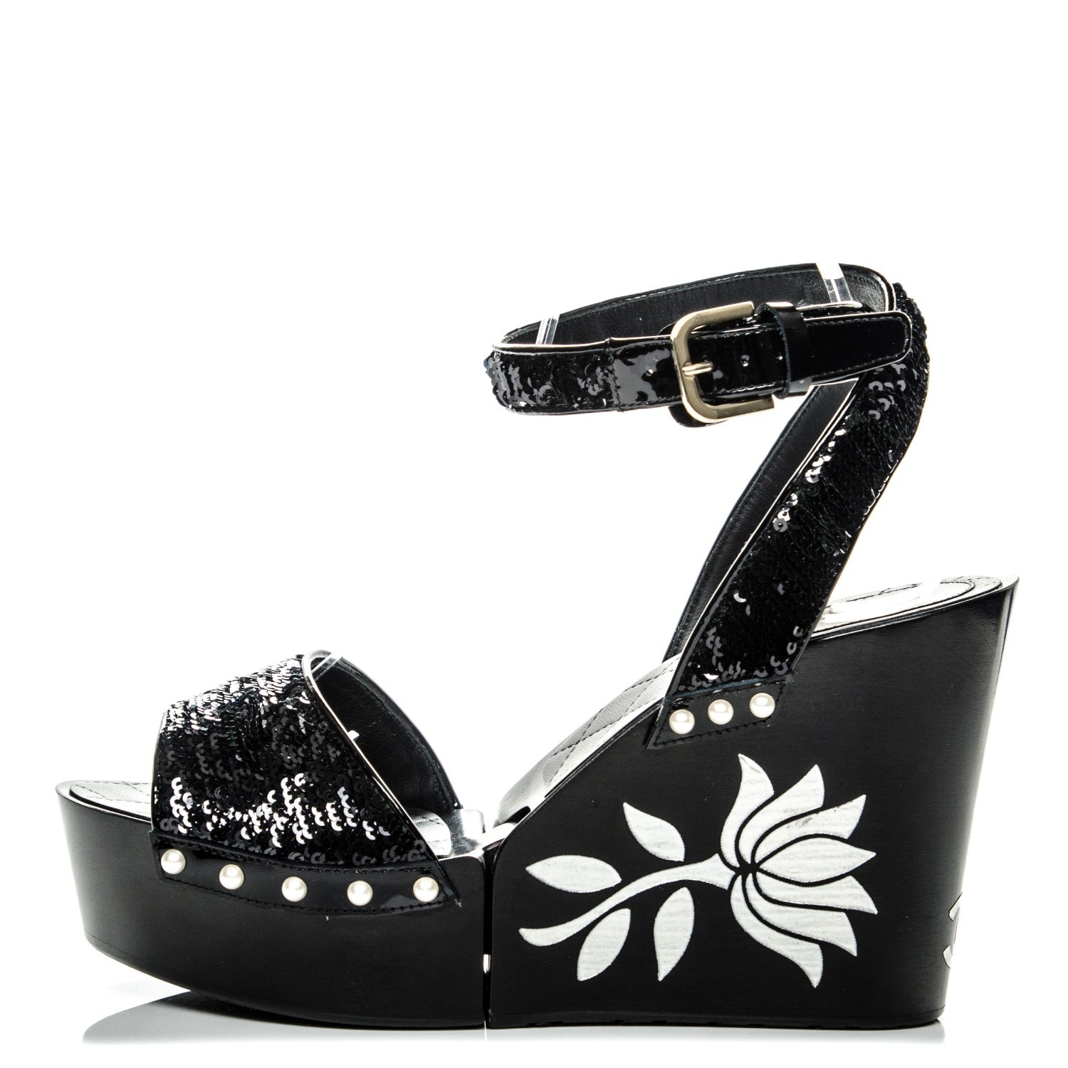 Chanel Sequin Wedge Sandals 38.5 Black 1 of 7