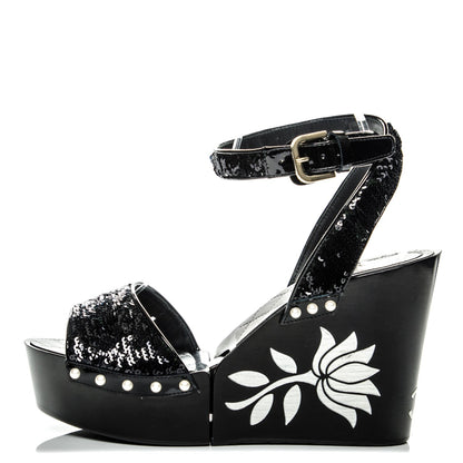 Chanel Sequin Wedge Sandals 38.5 Black 1 of 7