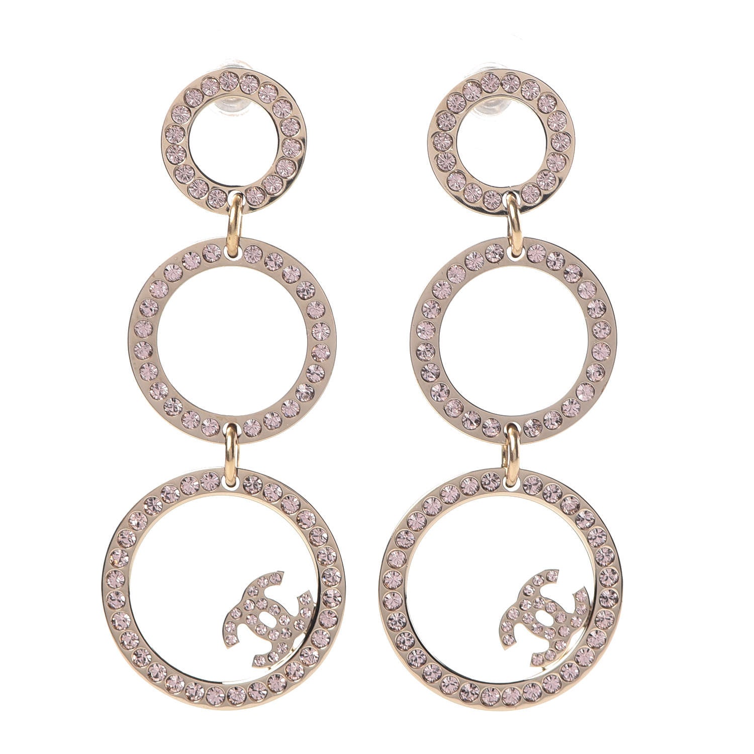 Chanel Crystal CC Drop Earrings Gold Pink 1 of 4