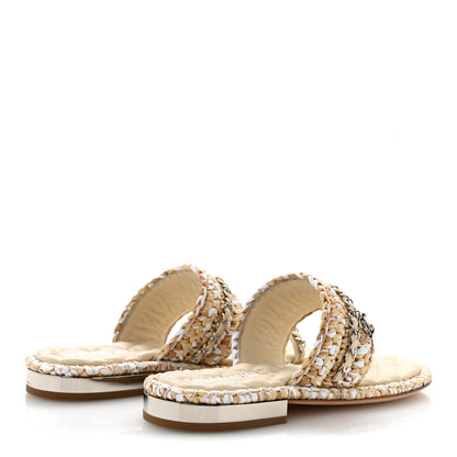 Chanel Raffia Lambskin Woven Chain CC Toe Ring Sandals 37 Beige White 5 of 11