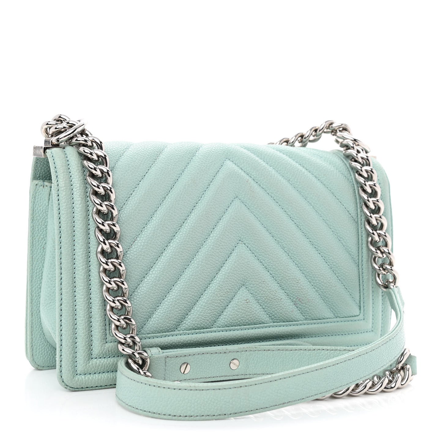 Caviar Chevron Quilted Medium Boy Flap Light Blue