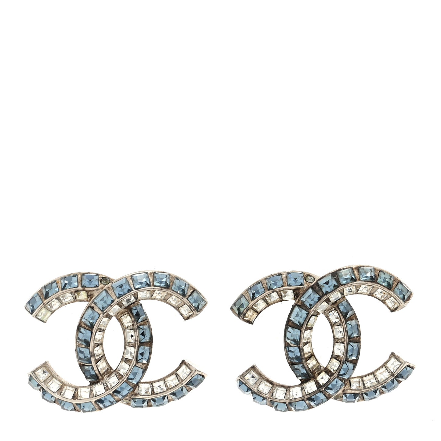 Metal Baguette Crystal CC Earrings Silver Blue