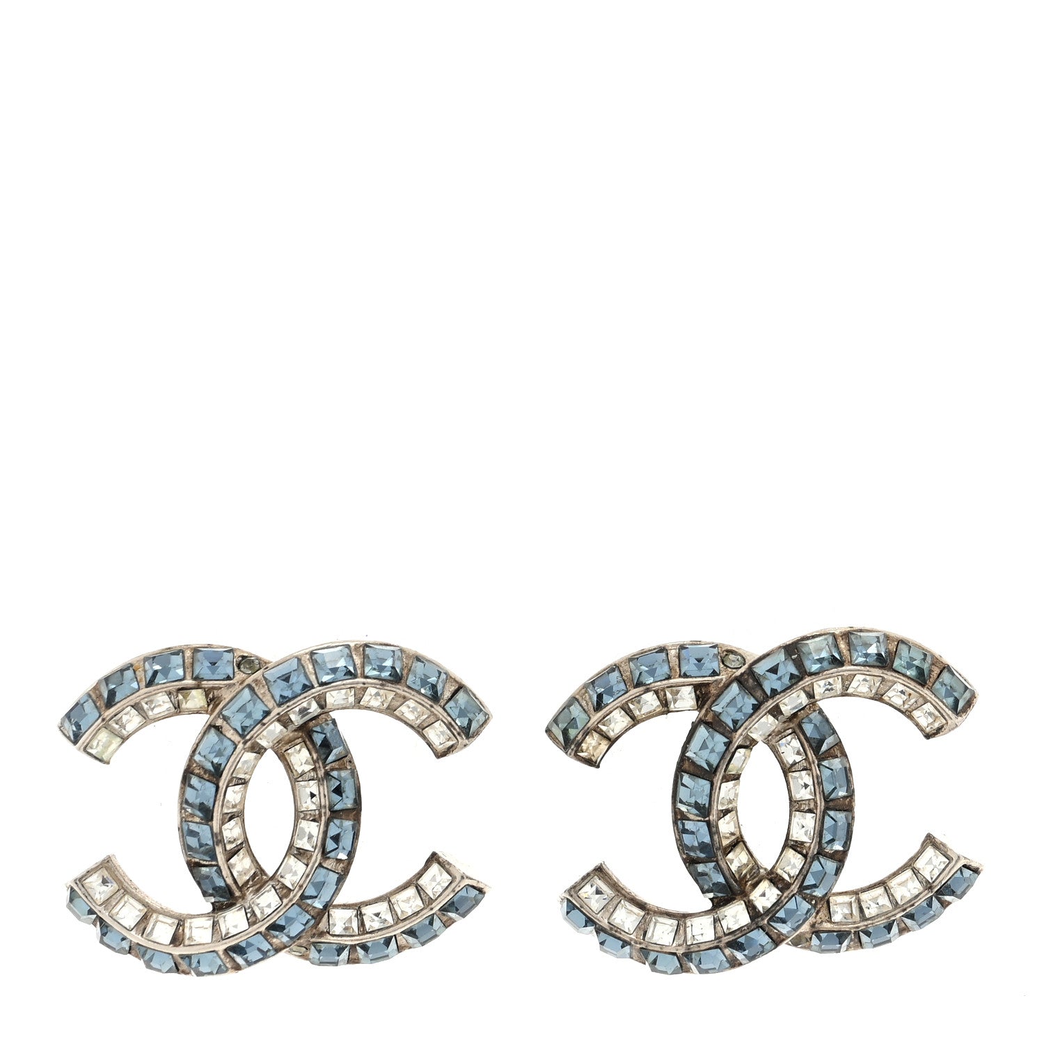 Chanel Metal Baguette Crystal CC Earrings Silver Blue 1 of 4