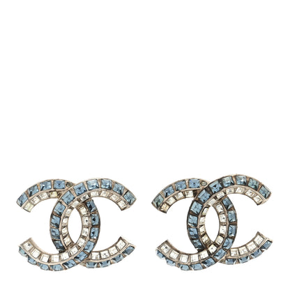 Chanel Metal Baguette Crystal CC Earrings Silver Blue 1 of 4