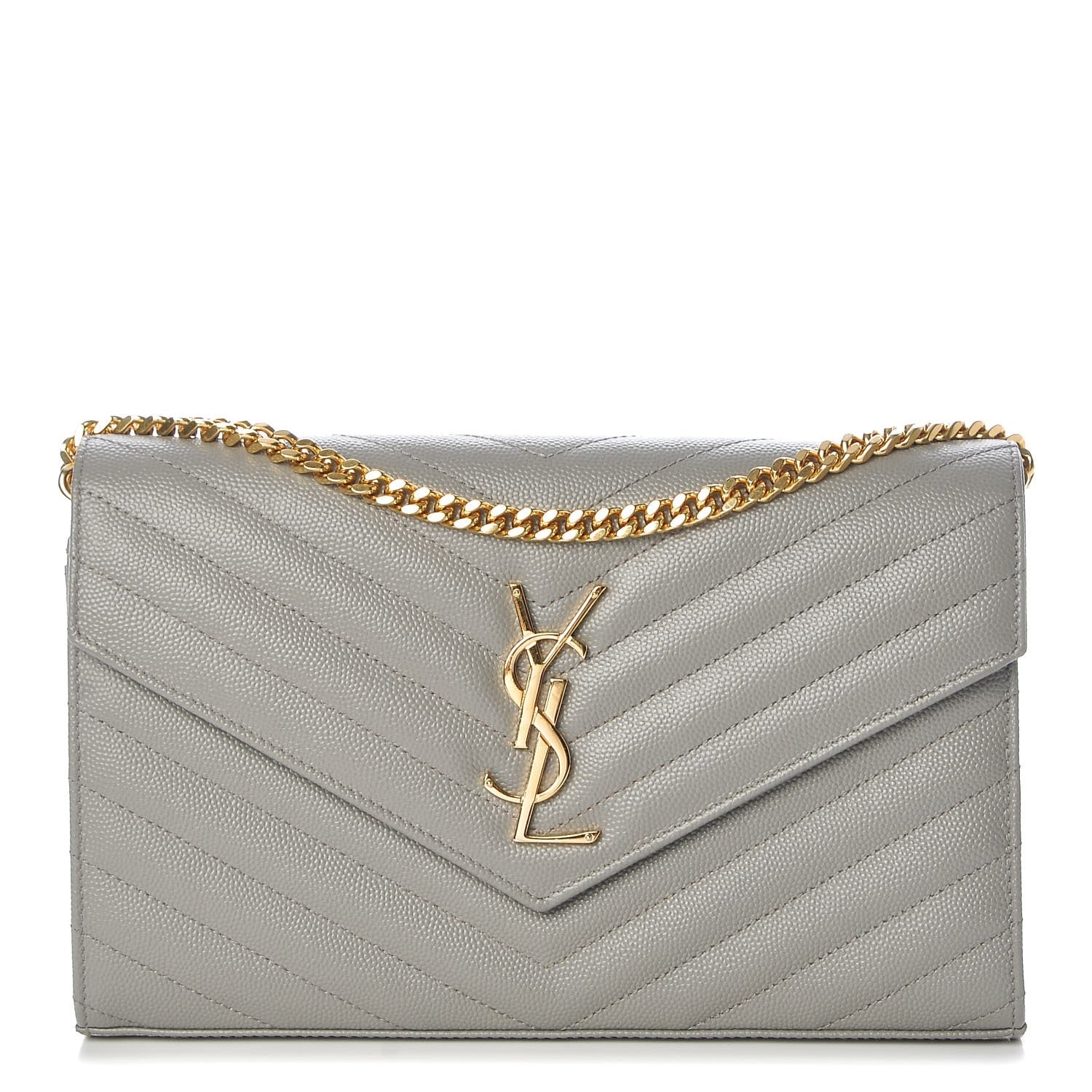 Saint Laurent Grain De Poudre Matelasse Chevron Monogram Chain Wallet Fog 1 of 9