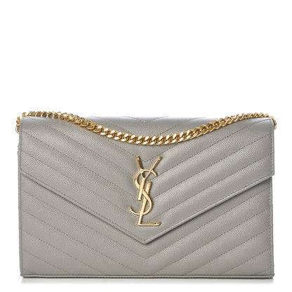 Saint Laurent Grain De Poudre Matelasse Chevron Monogram Chain Wallet Fog 1 of 9