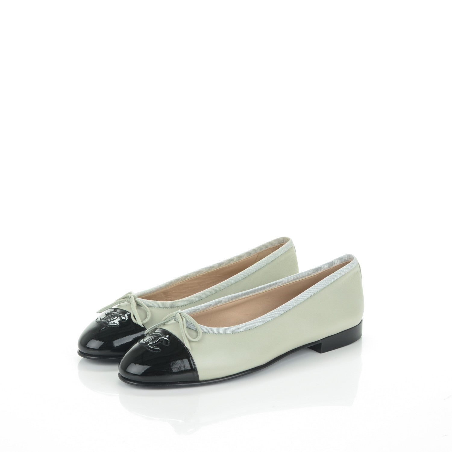 Chanel Lambskin Patent Cap Toe Ballerina Flats 37 Light Green Black 3 of 9