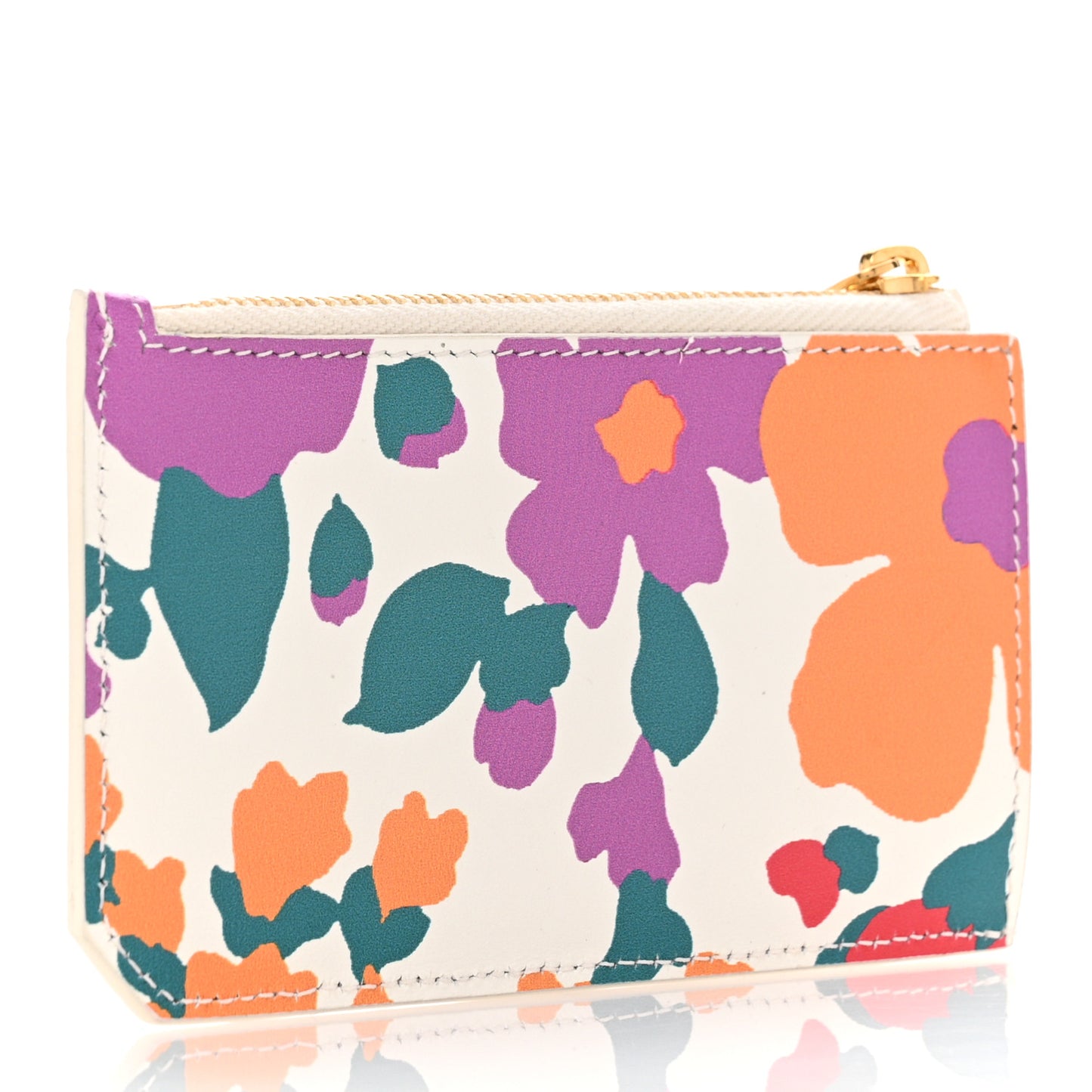 Calfskin Floral Print Monogram 5 Fragments Zip Pouch Card Holder Multicolor