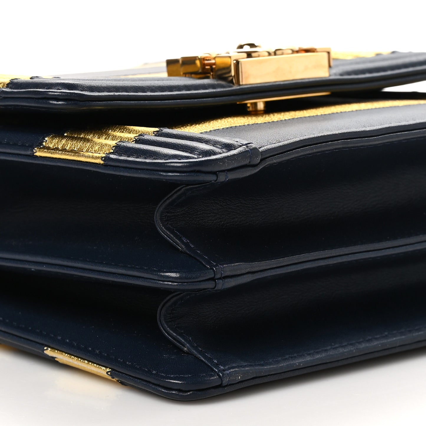 Metallic Lambskin Striped North South Boy Flap Navy Gold