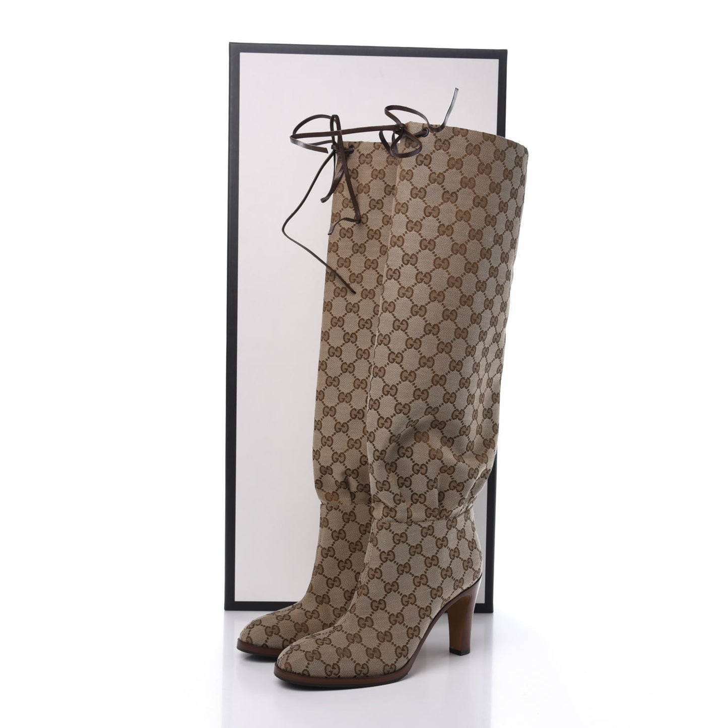 Monogram Malaga Kid Lisa Mid Heel Boots 38 Beige Ebony