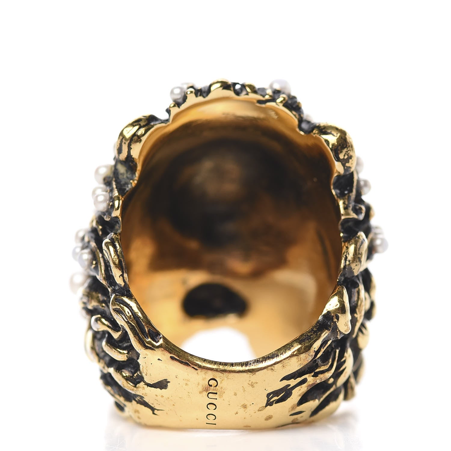 Gucci Metal Pearl Crystal Lion Head Ring 5.5 Aged Gold 3 of 5