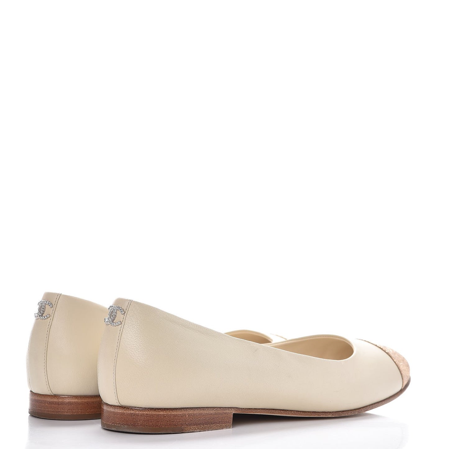 Lambskin Metallic Cap Toe Crystal CC Ballet Flats 38 Light Beige