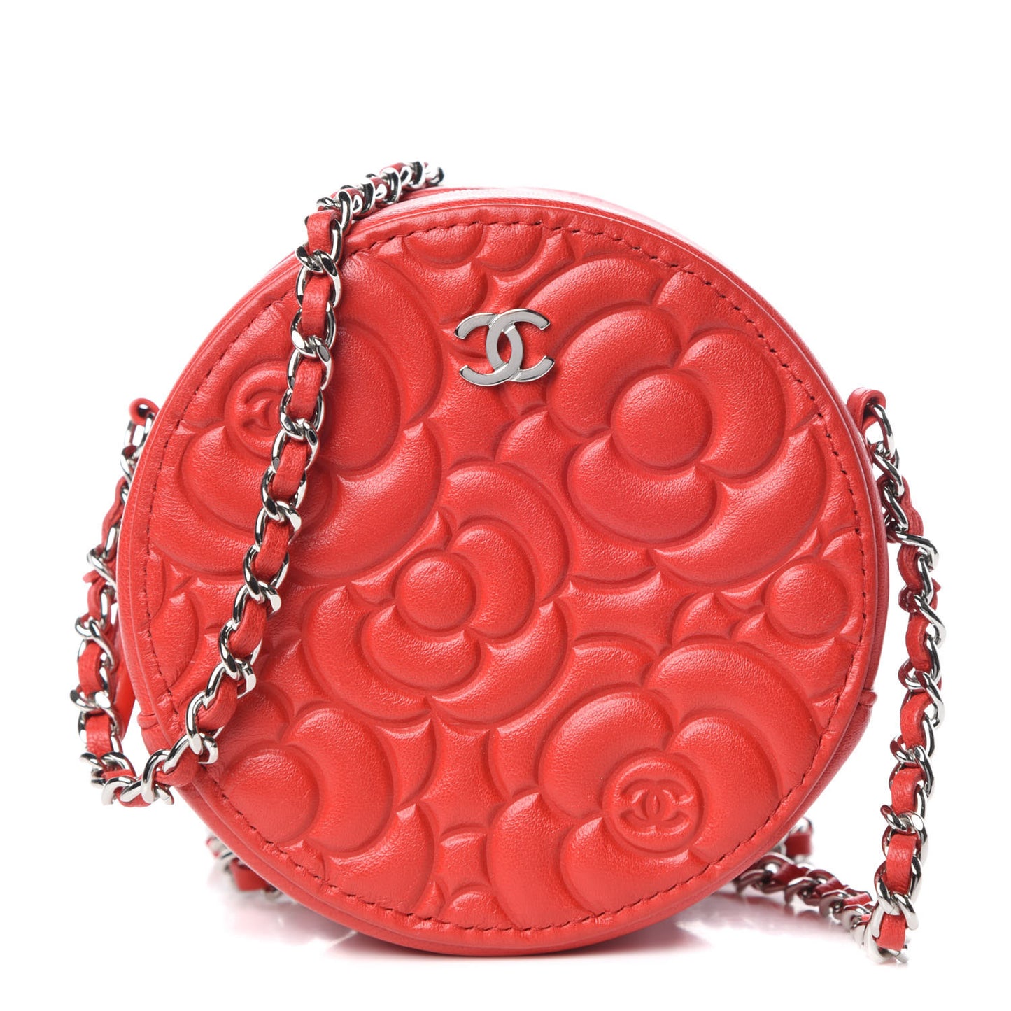 Lambskin Camellia Quilted Round Clutch With Chain Red