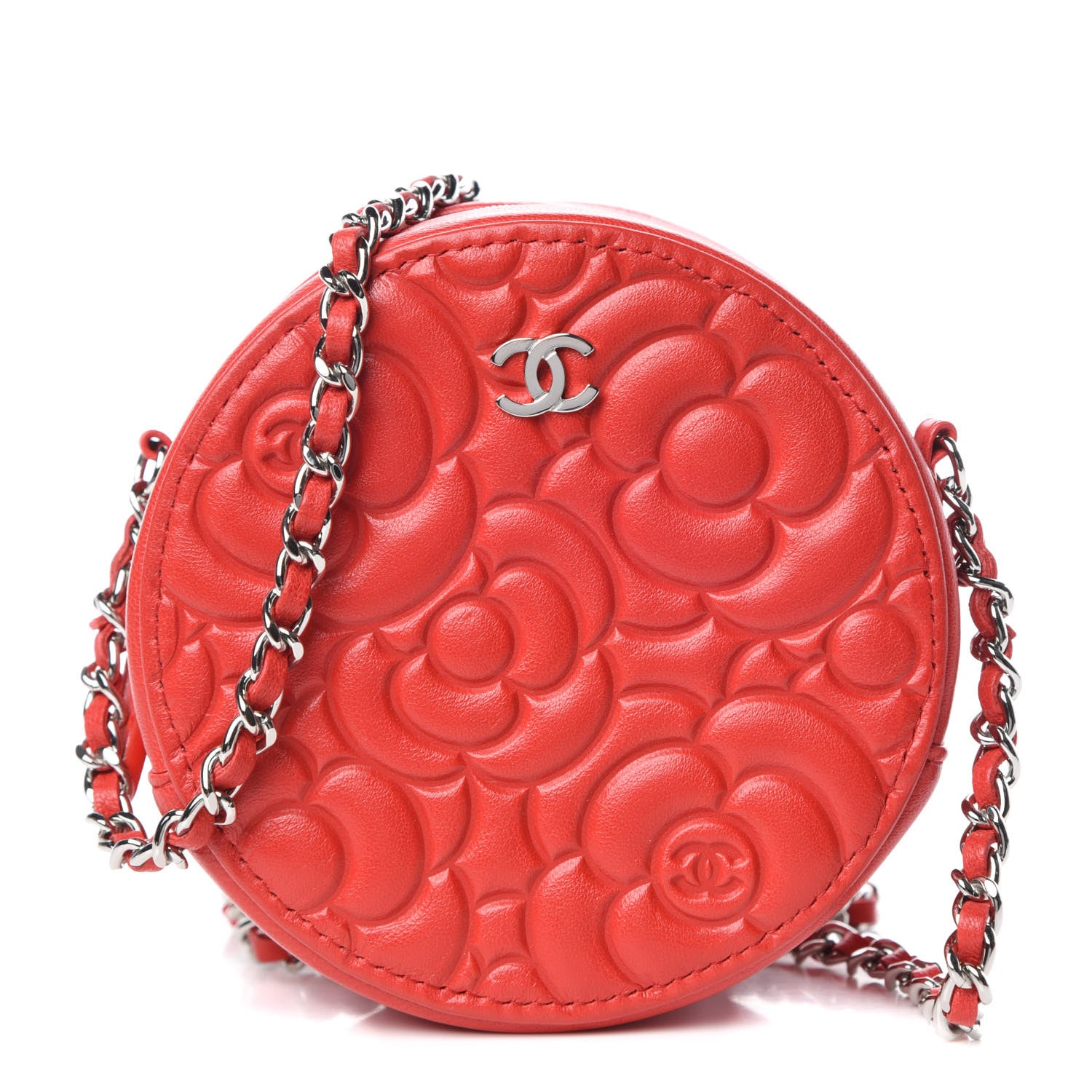 Chanel Lambskin Camellia Quilted Round Clutch With Chain Red 1 of 11