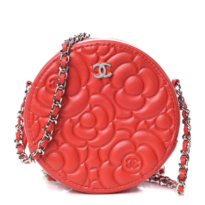 Chanel Lambskin Camellia Quilted Round Clutch With Chain Red 1 of 11