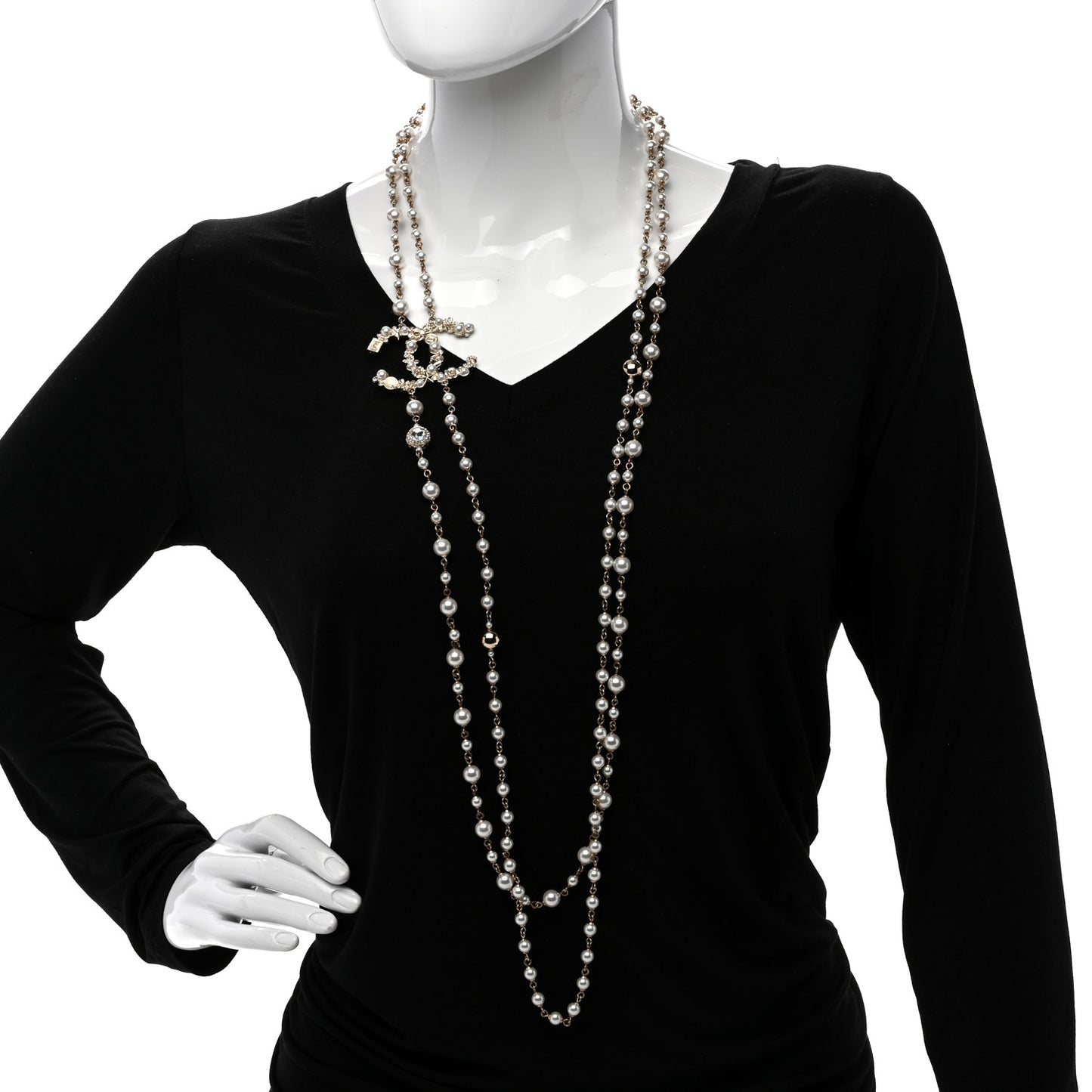 Crystal Pearl CC Charms Necklace Gold