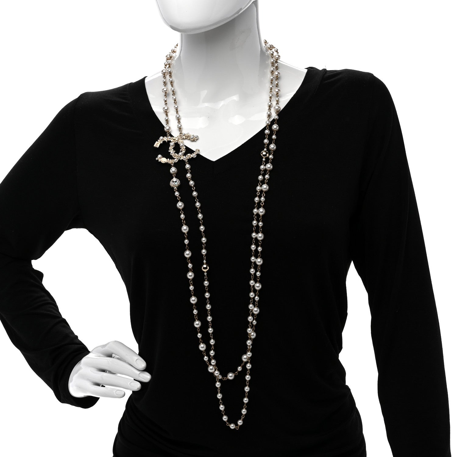 Chanel Crystal Pearl CC Charms Necklace Gold 2 of 5