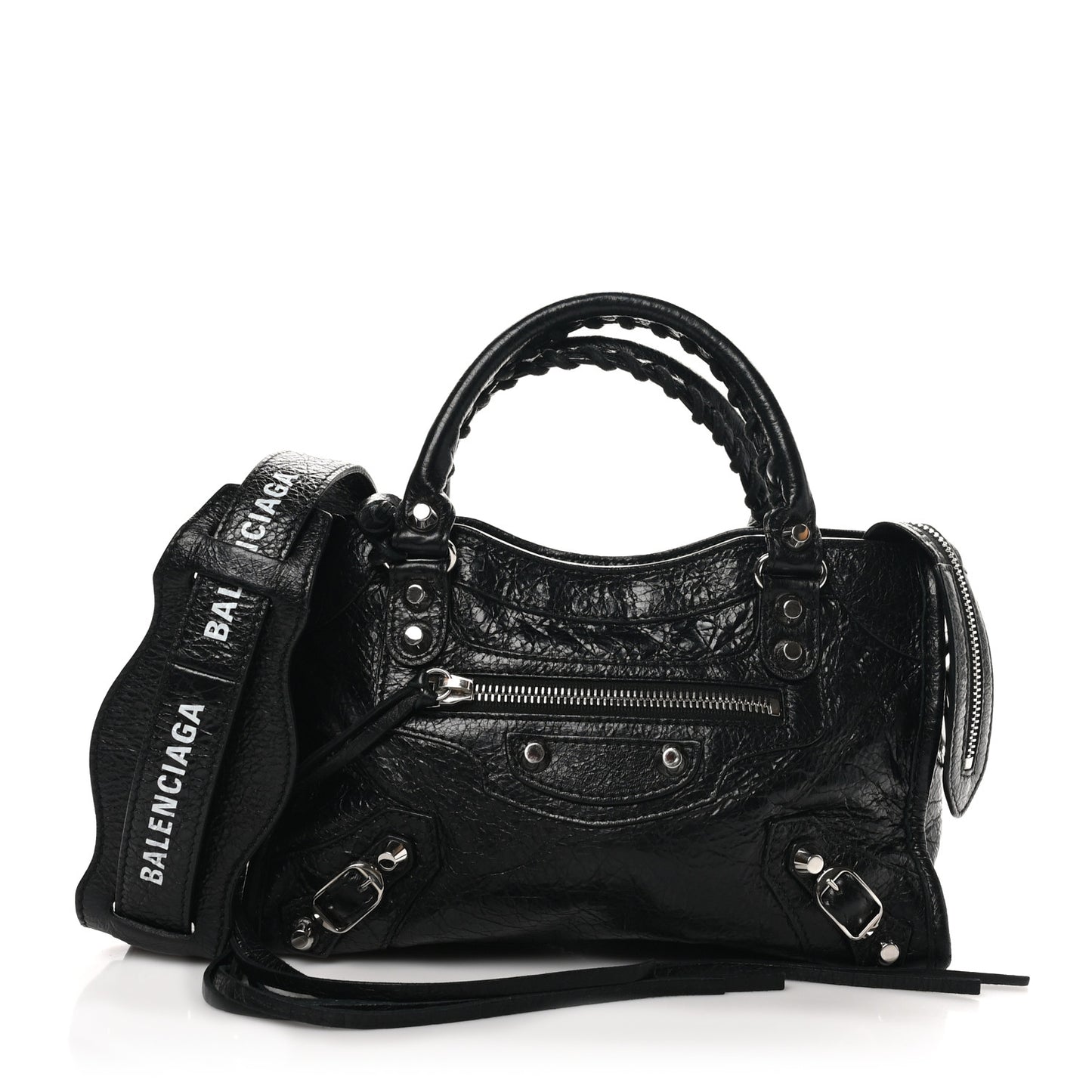 Agneau Classic Silver Hardware Mini City Logo Strap Black White