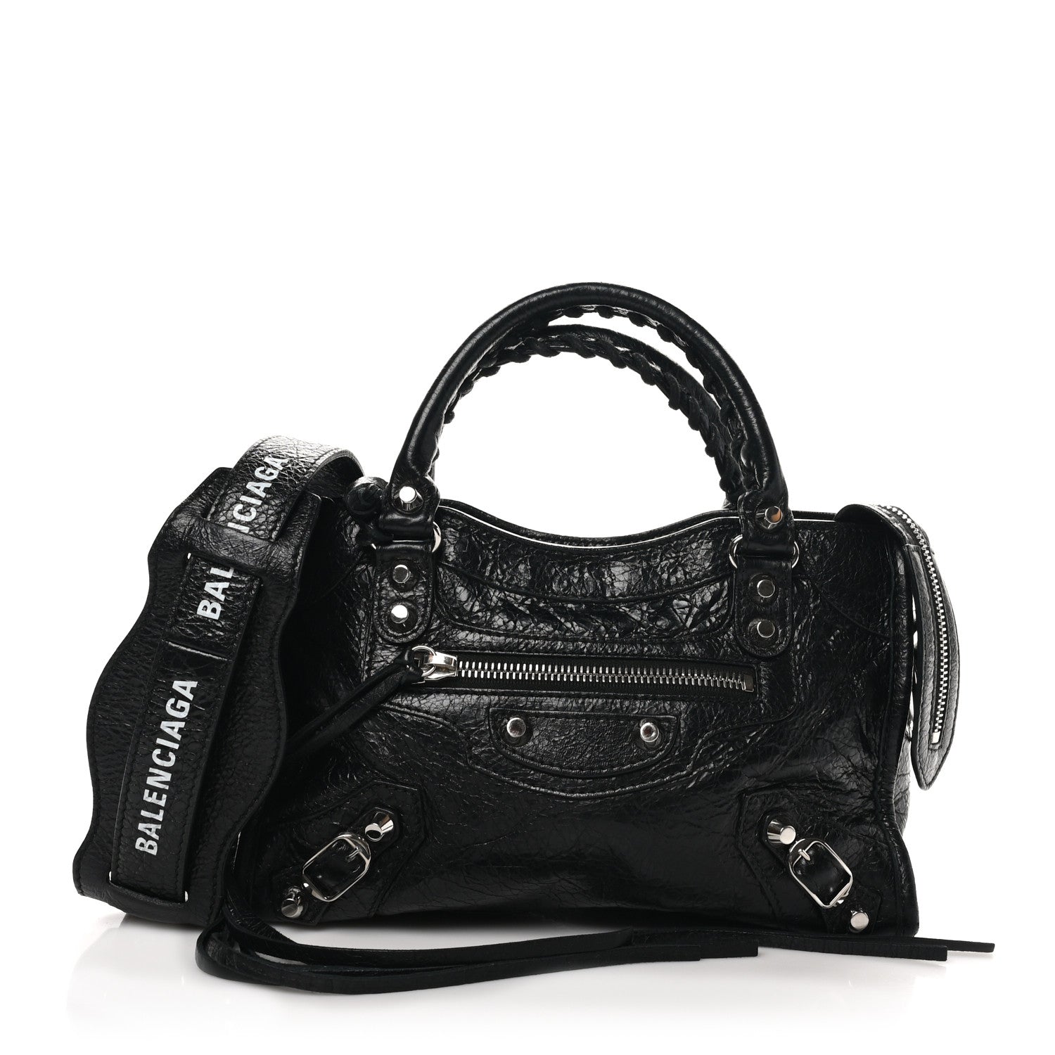 Balenciaga Agneau Classic Silver Hardware Mini City Logo Strap Black White 1 of 10