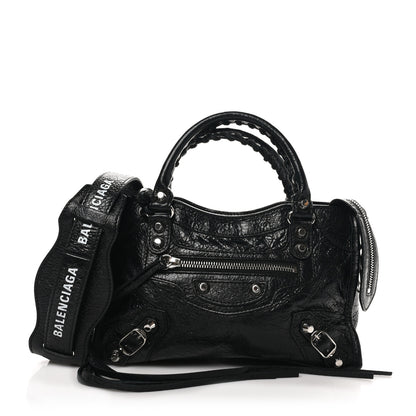 Balenciaga Agneau Classic Silver Hardware Mini City Logo Strap Black White 1 of 10
