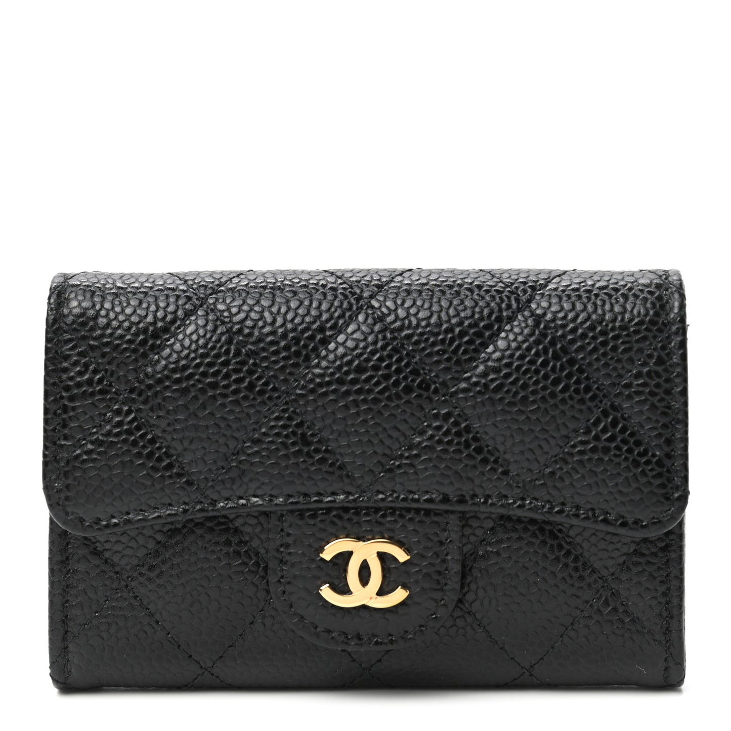 Caviar Quilted Flap Card Holder Wallet Black