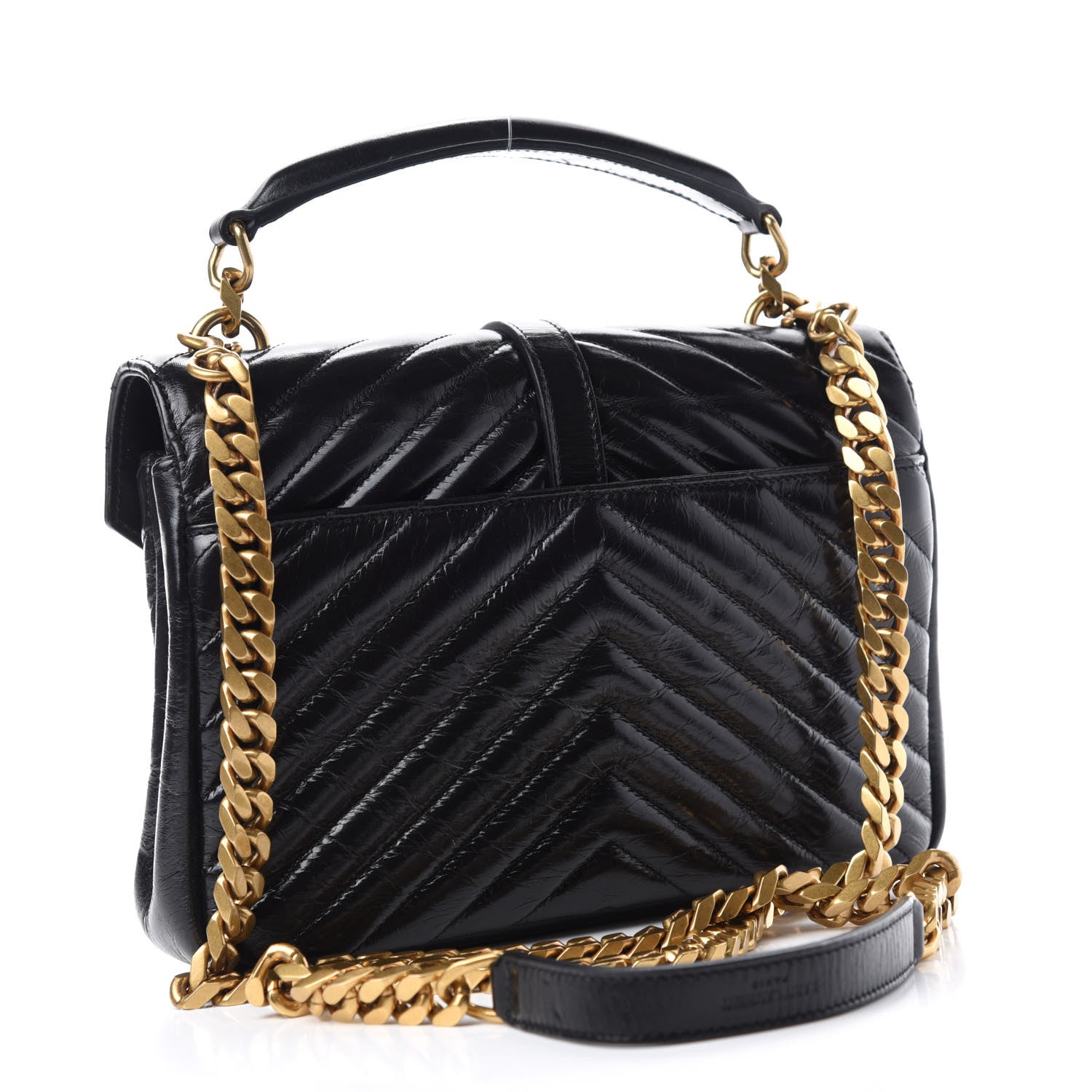 Saint Laurent Cracked Shiny Calfskin Matelasse Chevron Monogram Medium College Bag Black 3 of 11