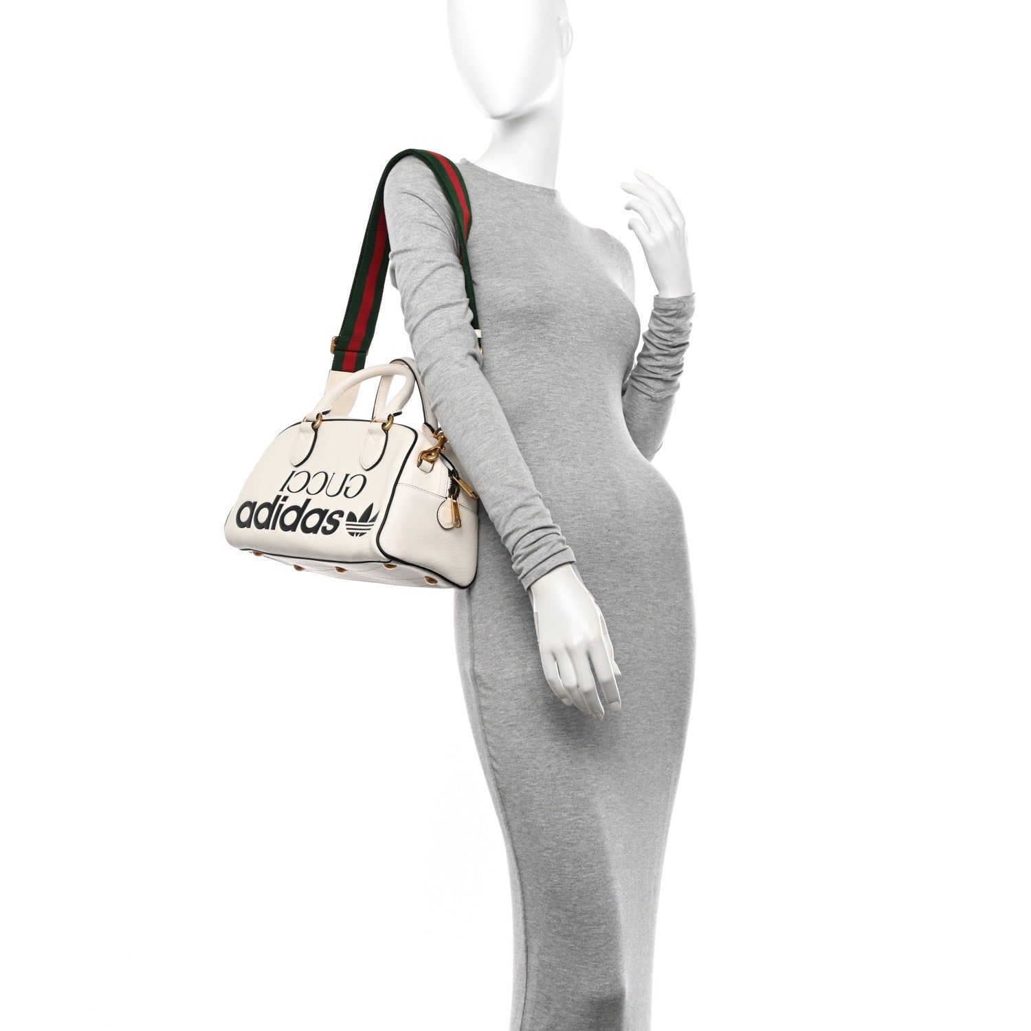 Gucci X ADIDAS Textured Dollar Calfskin Web Trefoil Logo Embossed Mini Bowling Bag Off White 2 of 14