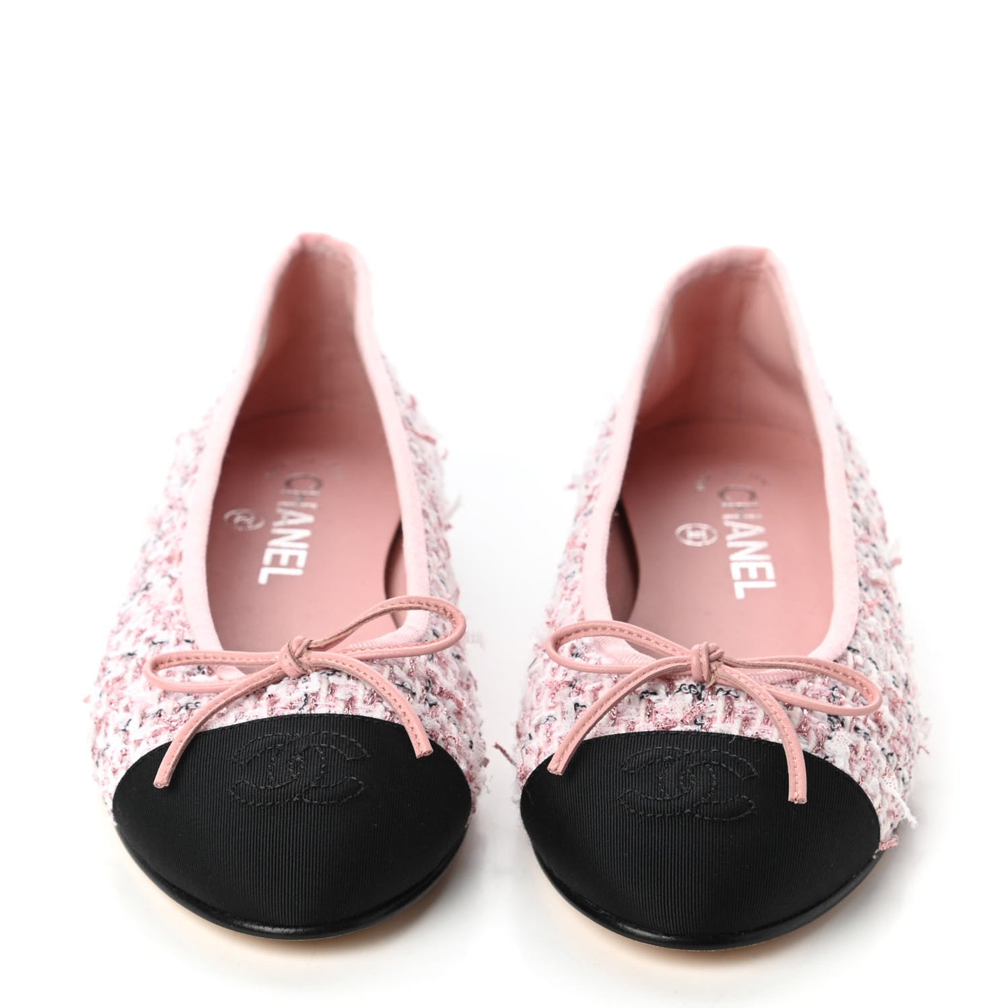 Tweed Grosgrain Cap Toe Ballerina Flats 37.5 Pink Black