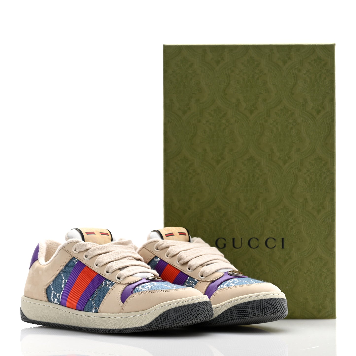 Calfskin Lame GG Monogram Web Womens Screener Sneakers 35 Blue Silver Dusty Milk Shine Purple