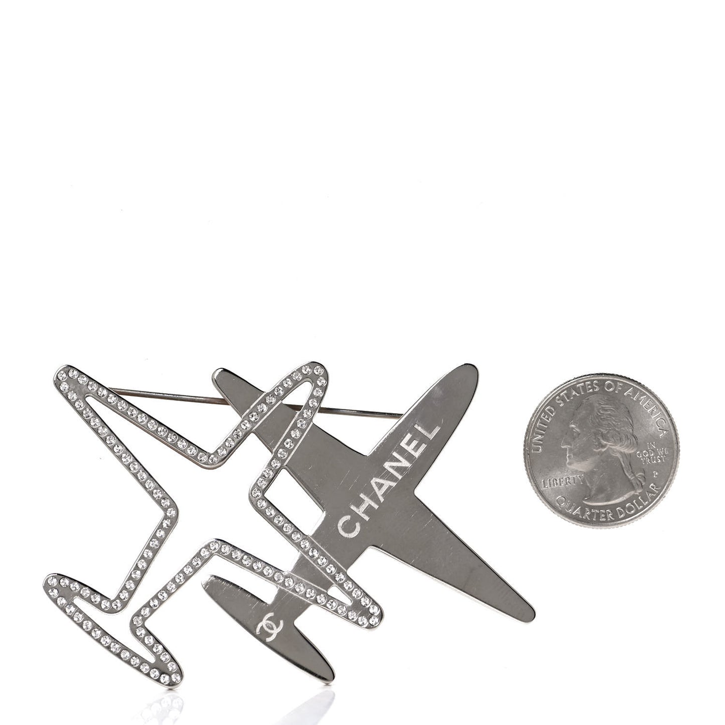 Crystal Metal CC Airplane Brooch Silver