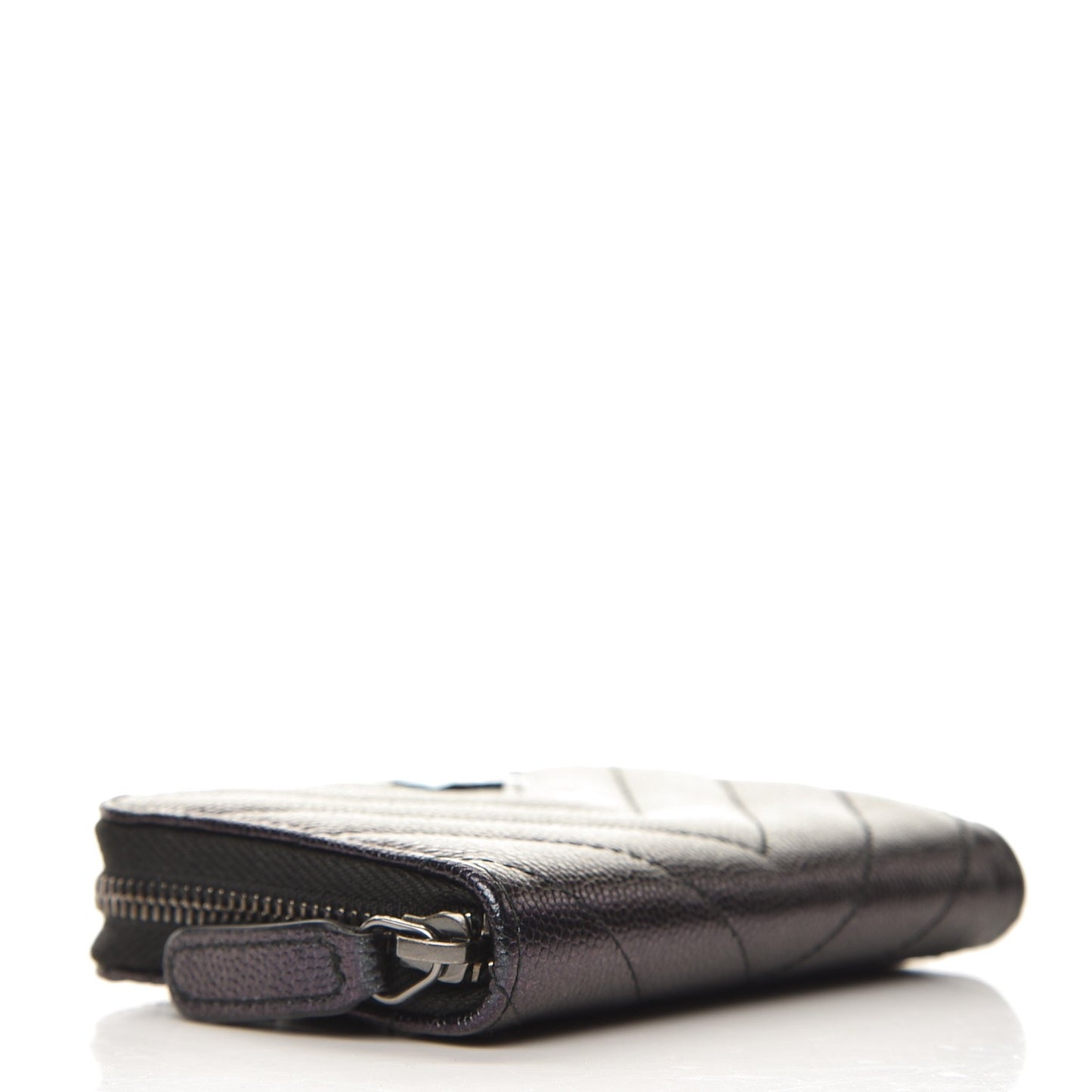 Iridescent Caviar Chevron Quilted Zip Around Coin Purse Black