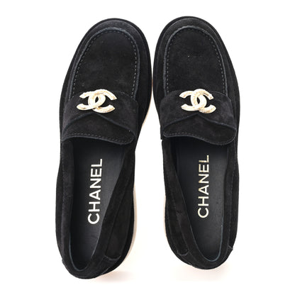Chanel Suede Calfskin Pearl CC Moccasin Loafers 38.5 Black 2 of 10